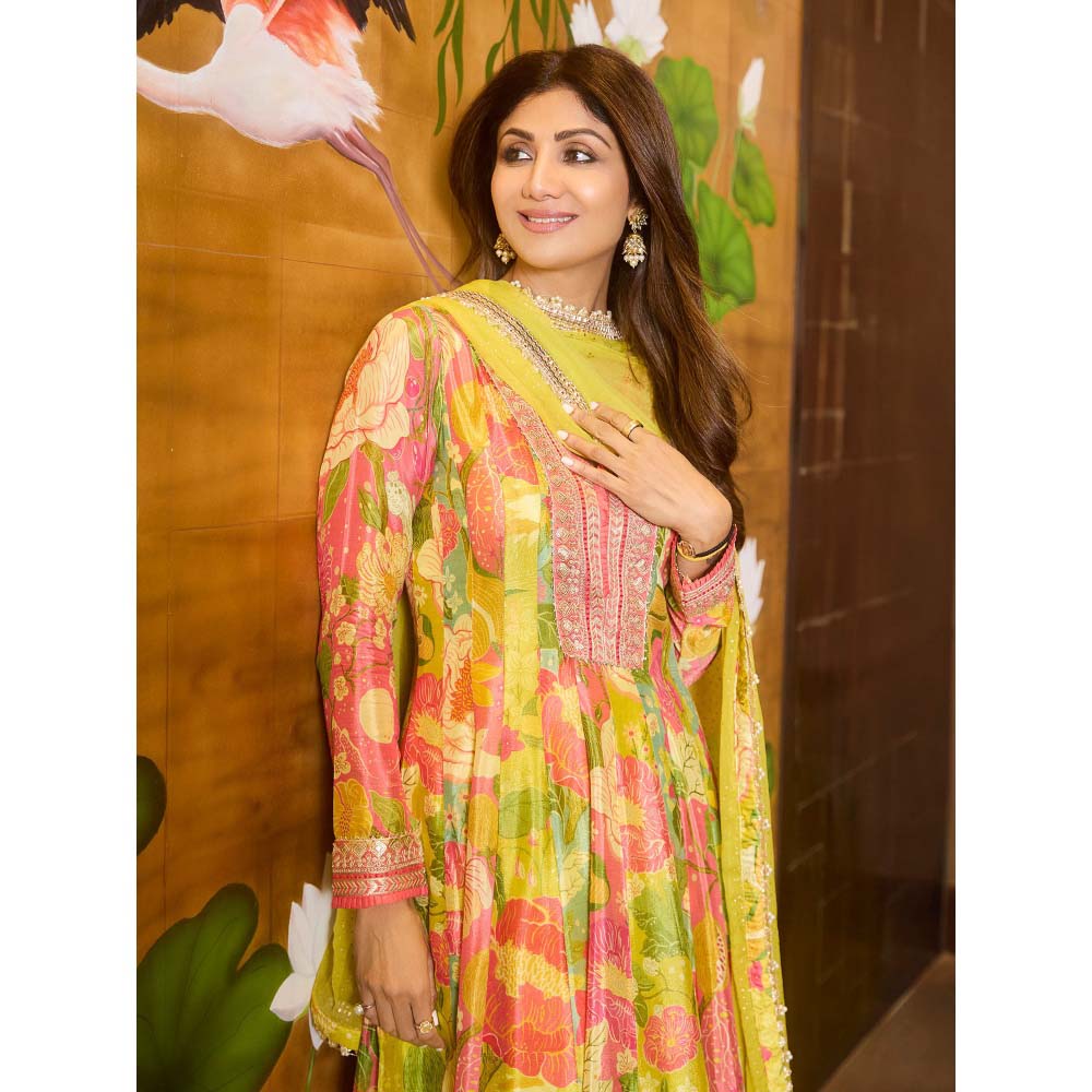 Gopi Vaid Yellow Nasreen Dhoti with Anarkali and Dupatta (Set of 3)