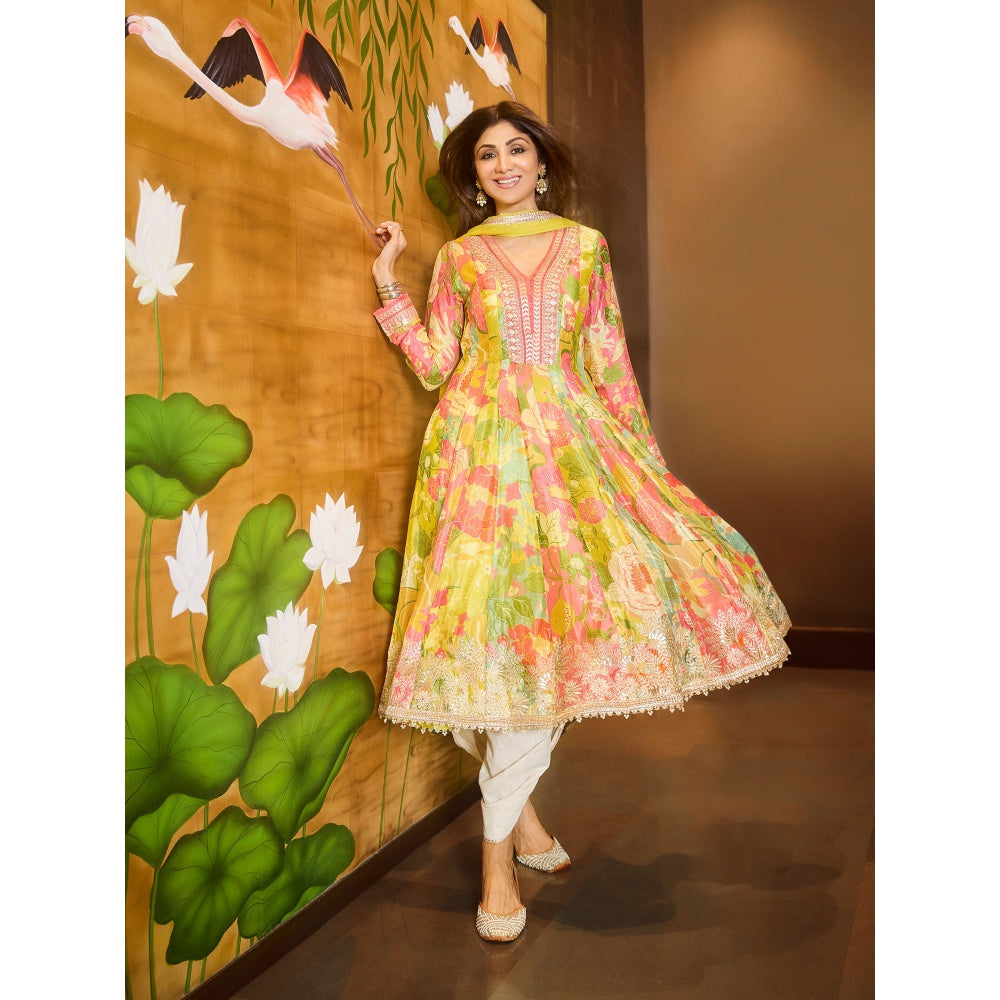 Gopi Vaid Yellow Nasreen Dhoti with Anarkali and Dupatta (Set of 3)