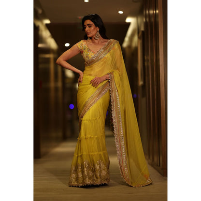 Gopi Vaid Yellow Kanika Pre-Draped Saree with Stitched Blouse