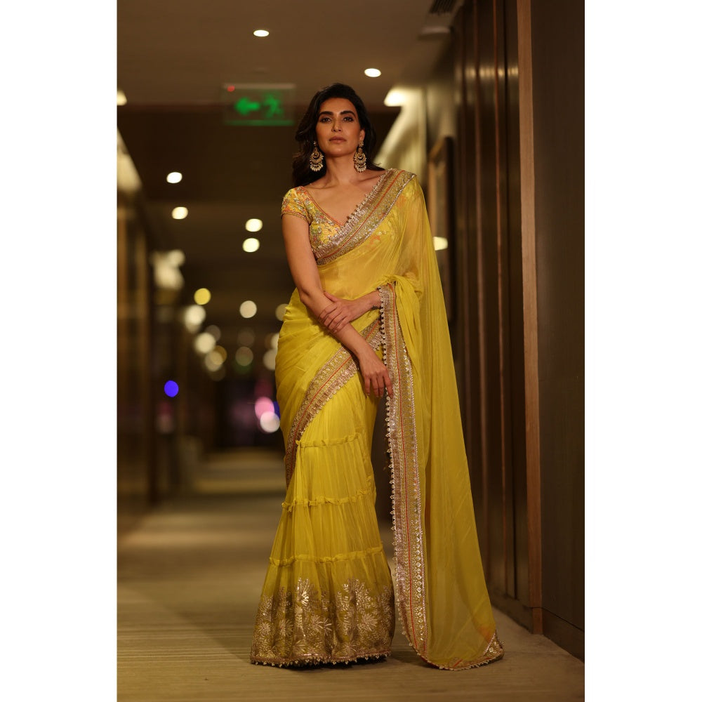 Gopi Vaid Yellow Kanika Pre-Draped Saree with Stitched Blouse