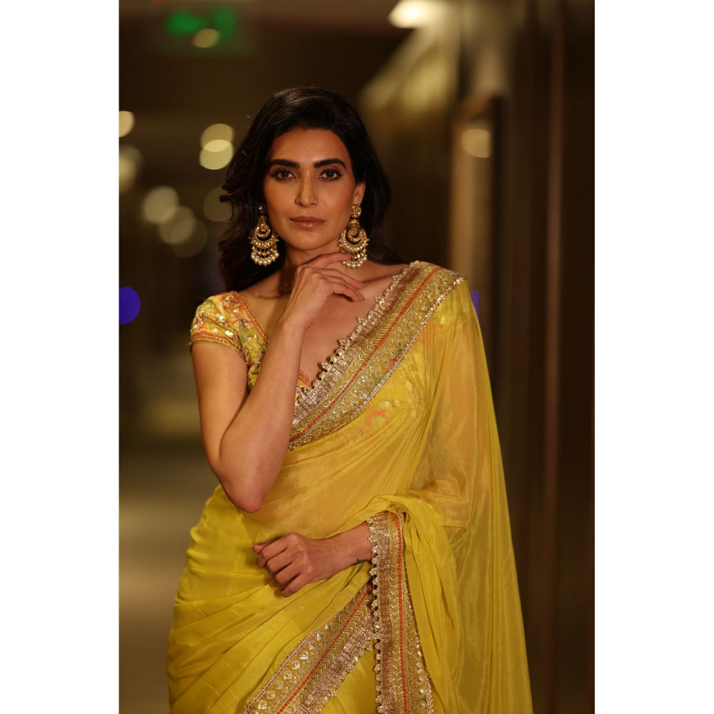 Gopi Vaid Yellow Kanika Pre-Draped Saree with Stitched Blouse