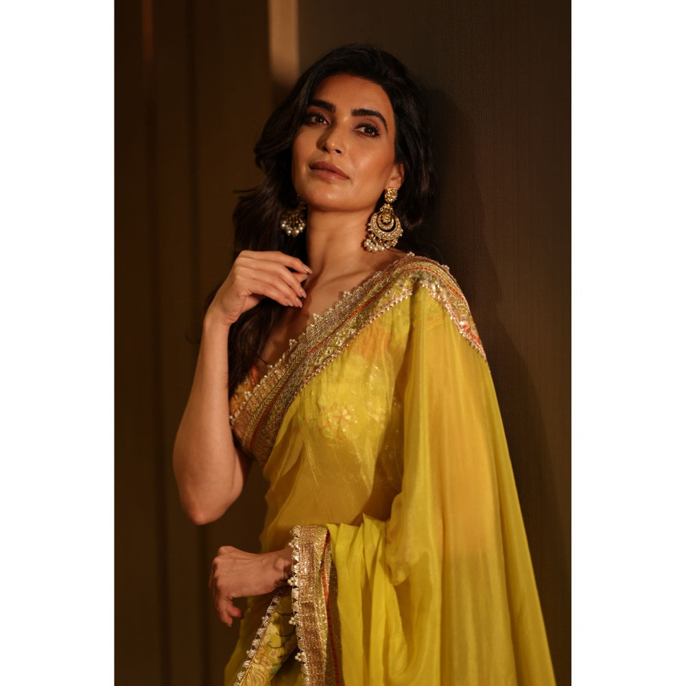 Gopi Vaid Yellow Kanika Pre-Draped Saree with Stitched Blouse