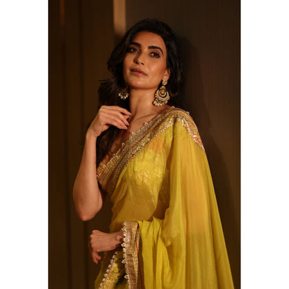 Gopi Vaid Yellow Kanika Pre-Draped Saree with Stitched Blouse
