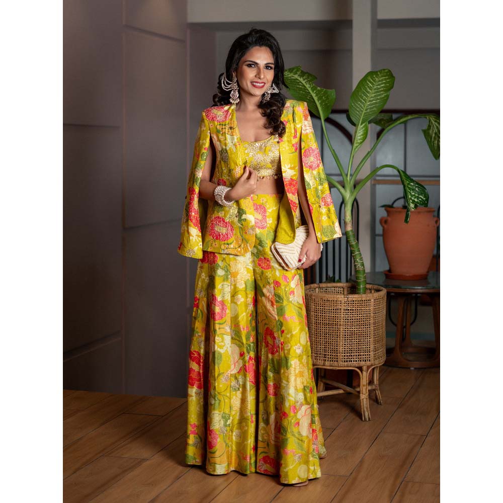 Gopi Vaid Yellow Mahek Blazer with Blouse and Sharara (Set of 3)