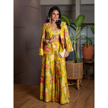 Gopi Vaid Yellow Mahek Blazer with Blouse and Sharara (Set of 3)