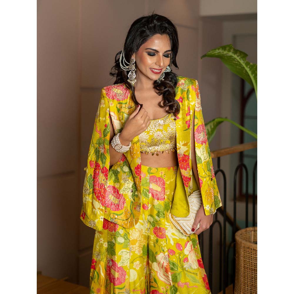 Gopi Vaid Yellow Mahek Blazer with Blouse and Sharara (Set of 3)