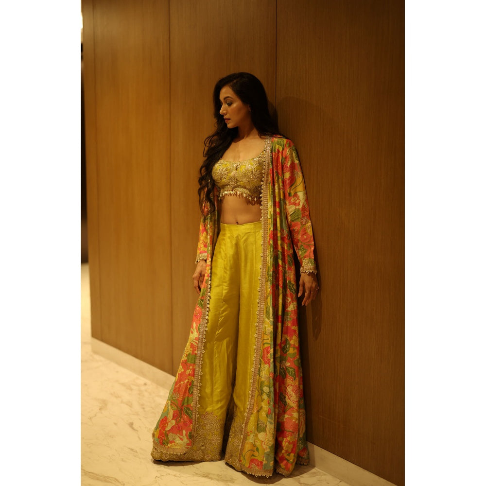 Gopi Vaid Yellow Parul Cape with Blouse and Flared Pant (Set of 3)