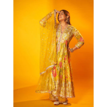 Gopi Vaid Yellow Huma Anarkali with Palazzo and Dupatta (Set of 3)