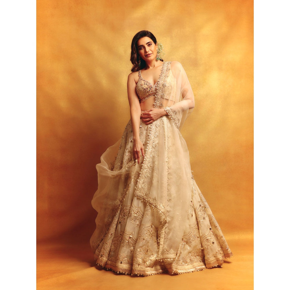 Gopi Vaid Beige Karishma Lehenga with Blouse and Dupatta (Set of 3)