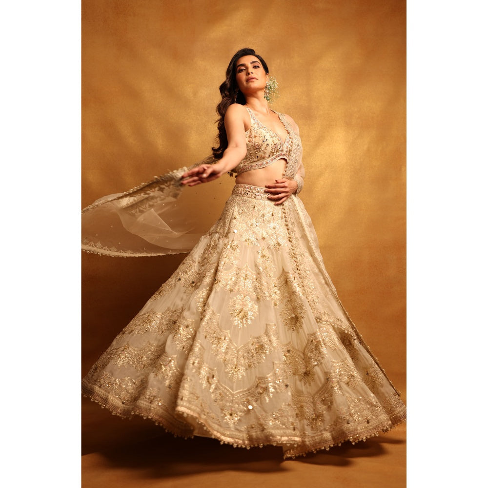 Gopi Vaid Beige Karishma Lehenga with Blouse and Dupatta (Set of 3)