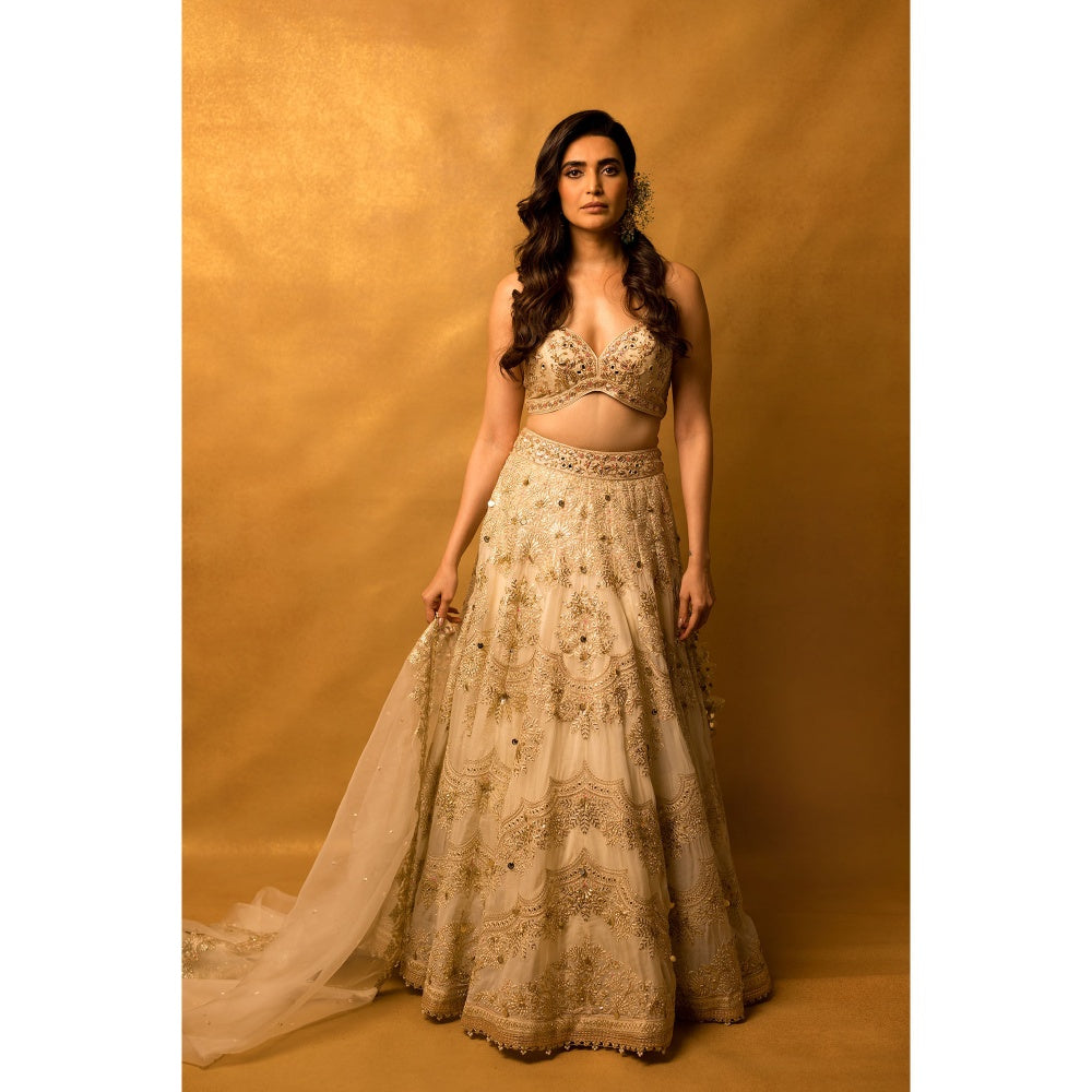 Gopi Vaid Beige Karishma Lehenga with Blouse and Dupatta (Set of 3)