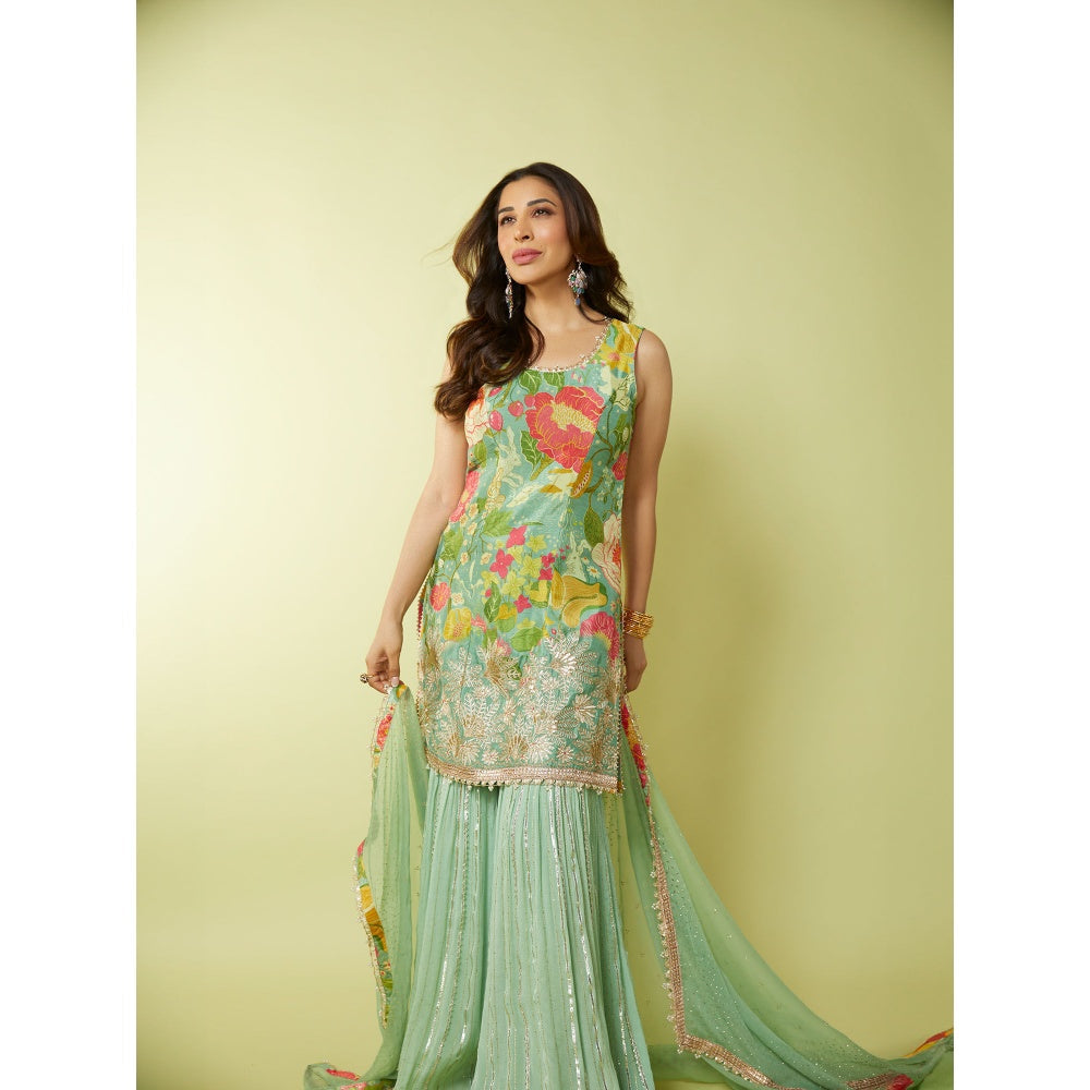 Gopi Vaid Green Sofian Sharara with Kurta and Dupatta (Set of 3)