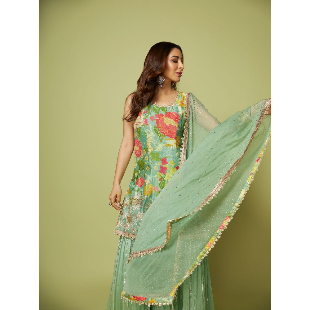 Gopi Vaid Green Sofian Sharara with Kurta and Dupatta (Set of 3)
