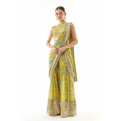 Gopi Vaid Pakhi Sharara Saree with Stitched Blouse- Yellow