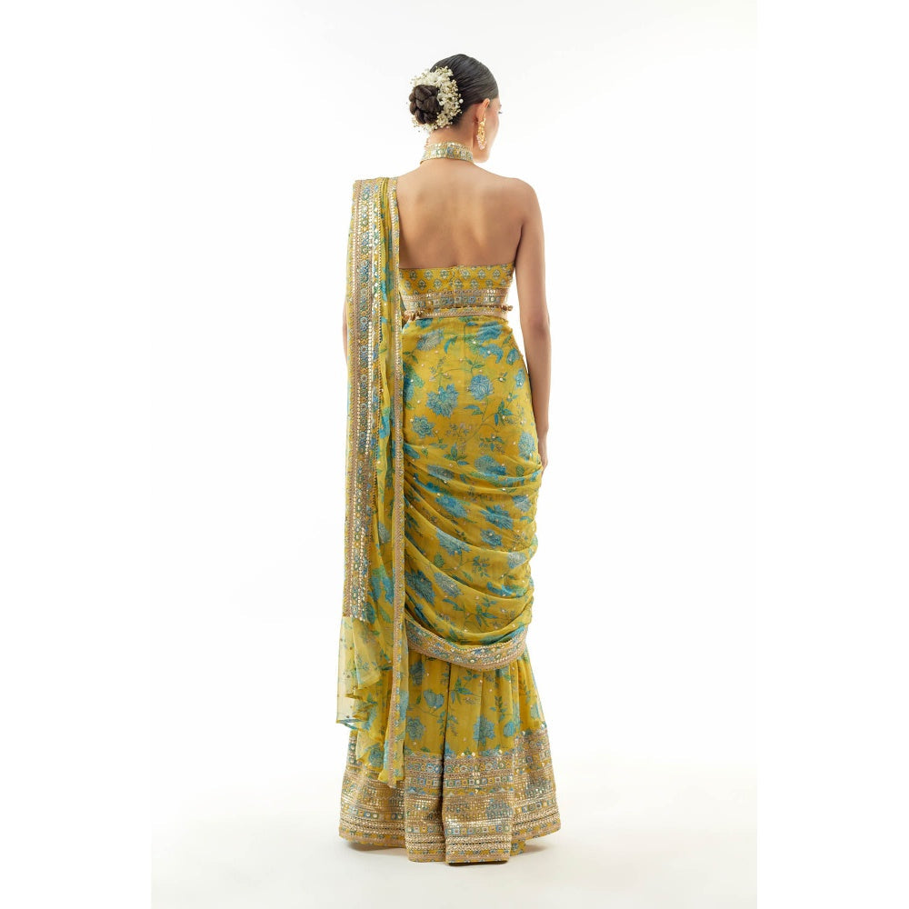Gopi Vaid Pakhi Sharara Saree with Stitched Blouse- Yellow