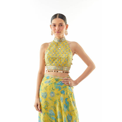 Gopi Vaid Pakhi Sharara Saree with Stitched Blouse- Yellow