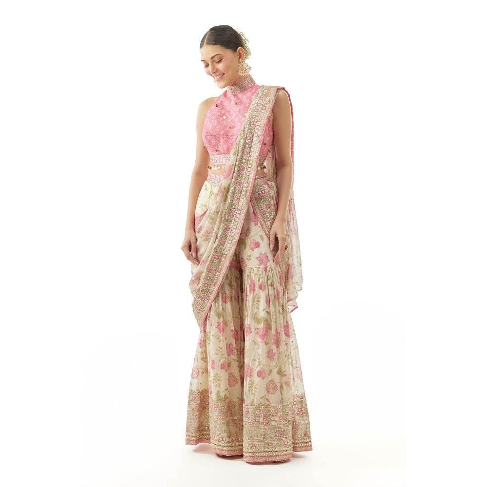 Gopi Vaid Pakhi Sharara Saree with Stitched Blouse- Ivory