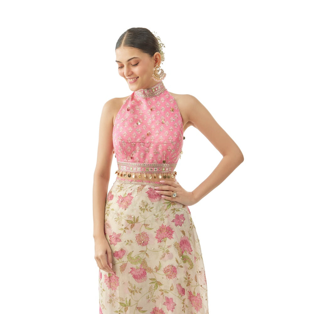 Gopi Vaid Pakhi Sharara Saree with Stitched Blouse- Ivory