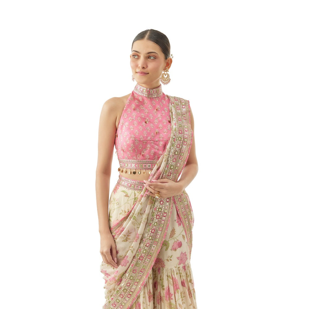 Gopi Vaid Pakhi Sharara Saree with Stitched Blouse- Ivory