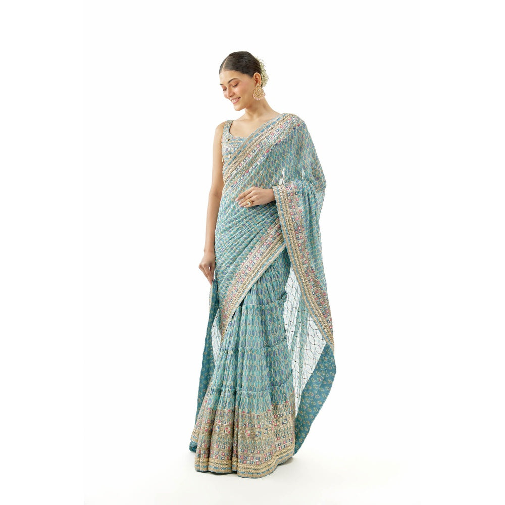 Gopi Vaid Bela Saree with Stitched Blouse and Petticoat- Blue