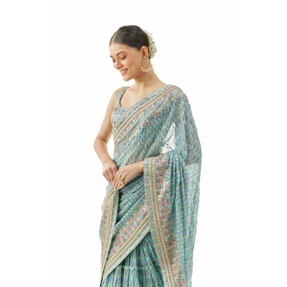 Gopi Vaid Bela Saree with Stitched Blouse and Petticoat- Blue