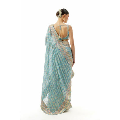 Gopi Vaid Bela Saree with Stitched Blouse and Petticoat- Blue
