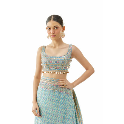 Gopi Vaid Bela Saree with Stitched Blouse and Petticoat- Blue