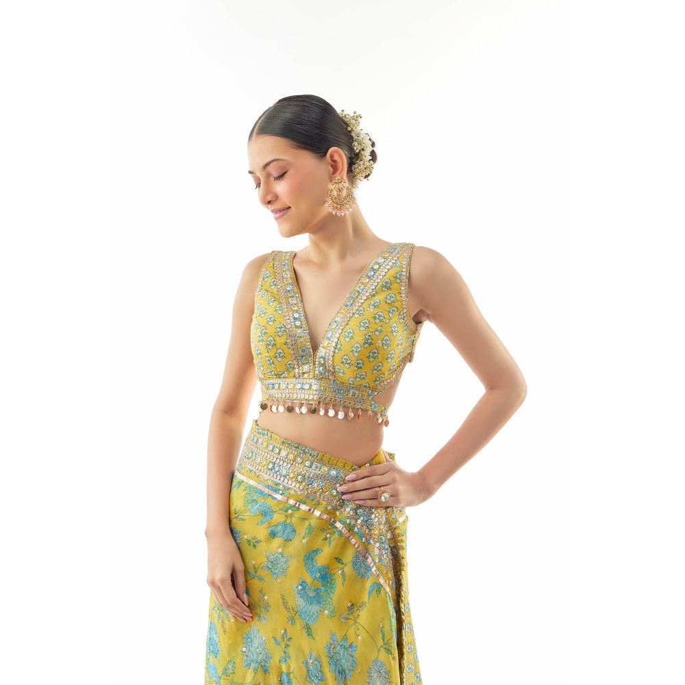 Gopi Vaid Aanchal Saree with Stitched Blouse and Petticoat- Yellow