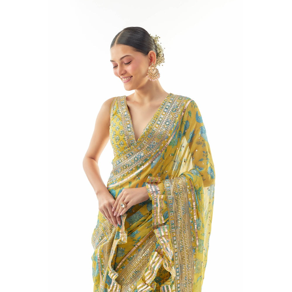 Gopi Vaid Aanchal Saree with Stitched Blouse and Petticoat- Yellow