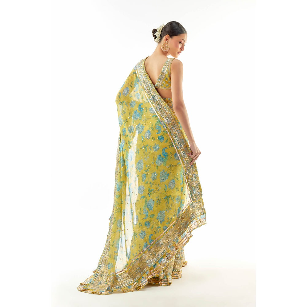 Gopi Vaid Aanchal Saree with Stitched Blouse and Petticoat- Yellow