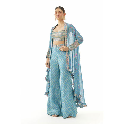 Gopi Vaid Gunjan Pant with Blouse and Shrug - Blue