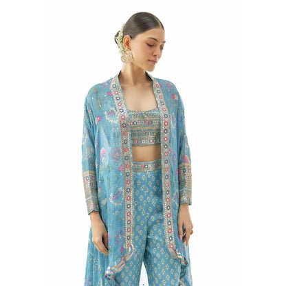 Gopi Vaid Gunjan Pant with Blouse and Shrug - Blue