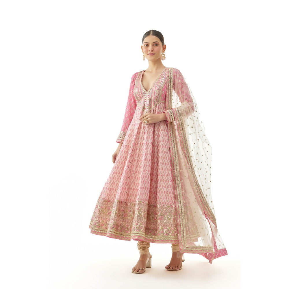 Gopi Vaid Prisha Anarkali Kurta with Churidar Pant and Dupatta - Pink