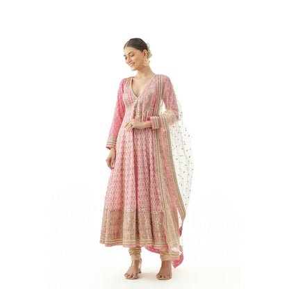 Gopi Vaid Prisha Anarkali Kurta with Churidar Pant and Dupatta - Pink