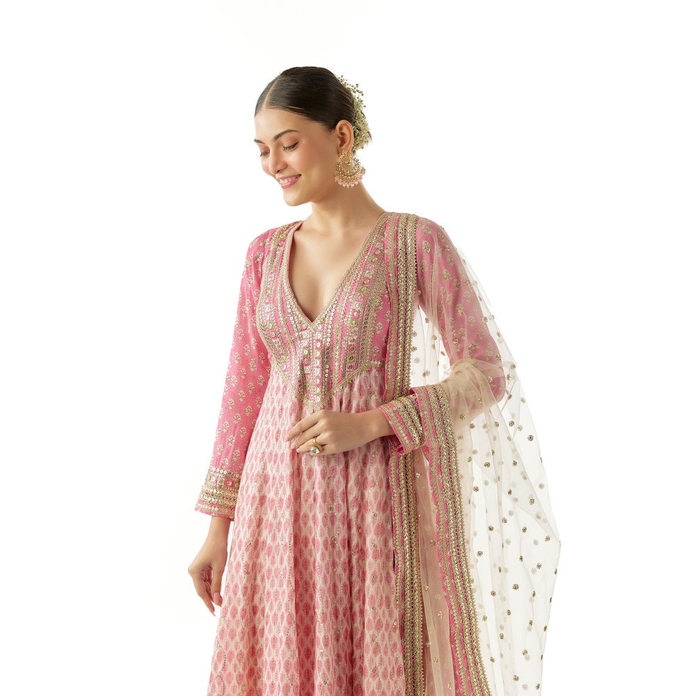 Gopi Vaid Prisha Anarkali Kurta with Churidar Pant and Dupatta - Pink