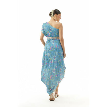 Gopi Vaid Clo One Shoulder Dress with Belt - Blue