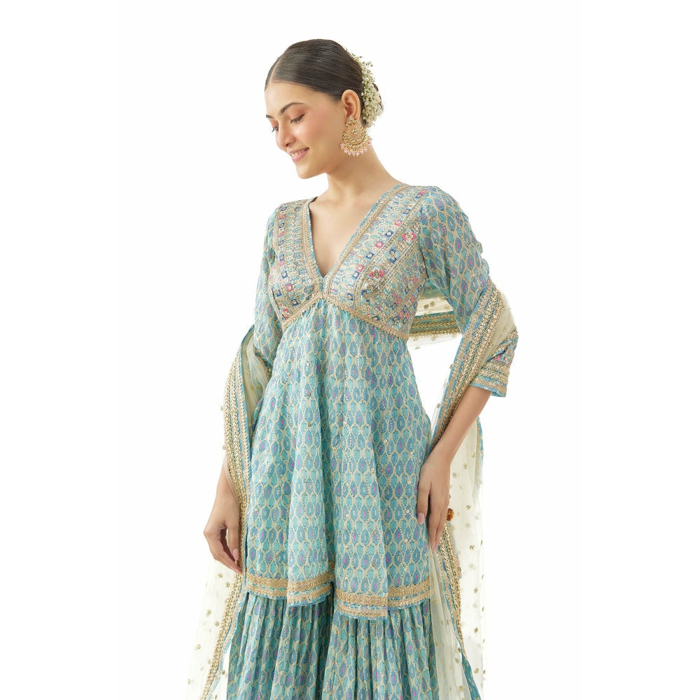 Gopi Vaid Tanvi Peplum Kurti with Sharara and Dupatta - Blue