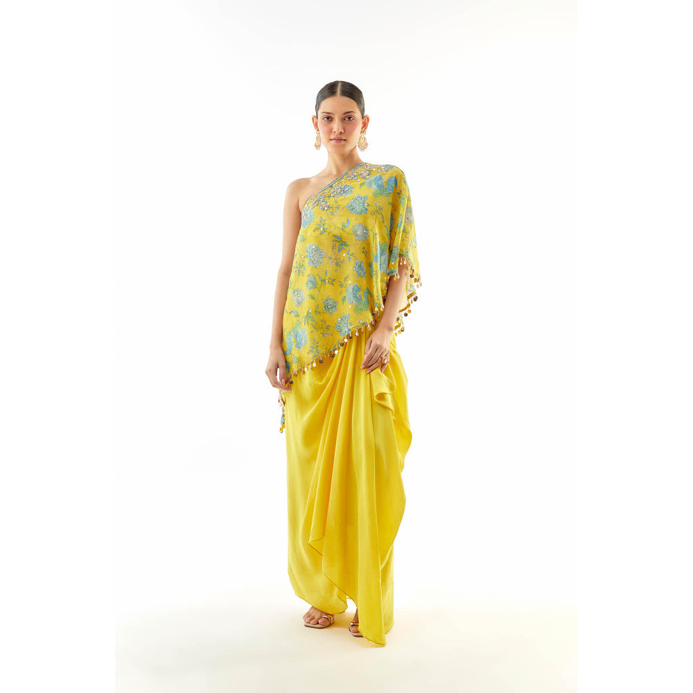 Gopi Vaid Vaishnavi One-Shoulder Skirt with Top- Yellow