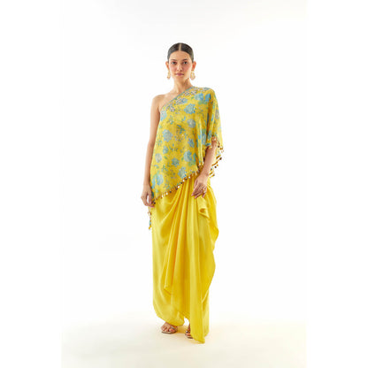 Gopi Vaid Vaishnavi One-Shoulder Skirt with Top- Yellow