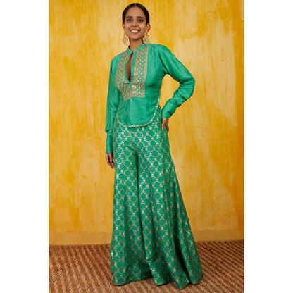 Gopi Vaid Marigold Brocade Shirt Set