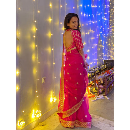Gopi Vaid Monalisa Mahapatra in Marigold Brocade Saree with Stitched Blouse