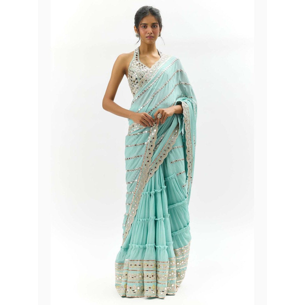 Gopi Vaid Aradhana Mirror Embroidered Powder Blue Saree with Stitched Blouse