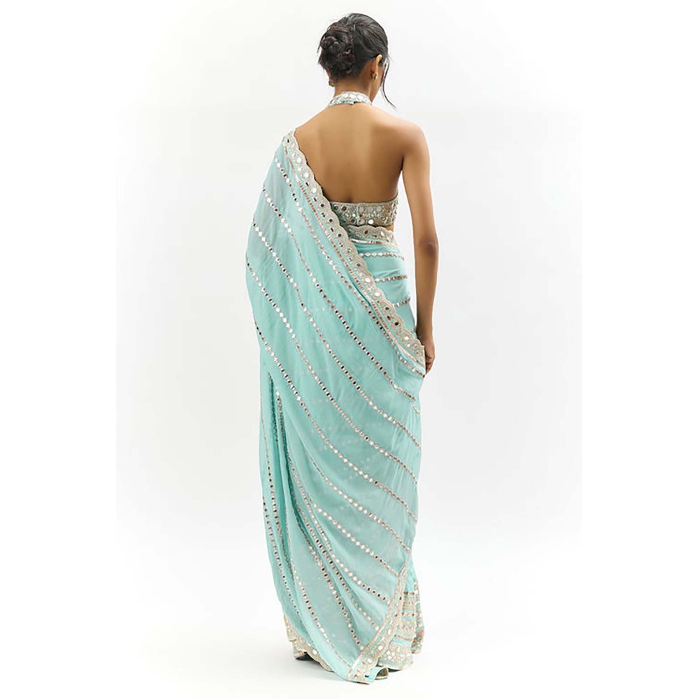 Gopi Vaid Aradhana Mirror Embroidered Powder Blue Saree with Stitched Blouse
