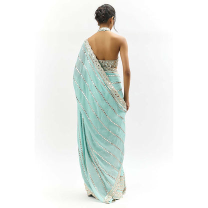 Gopi Vaid Aradhana Mirror Embroidered Powder Blue Saree with Stitched Blouse