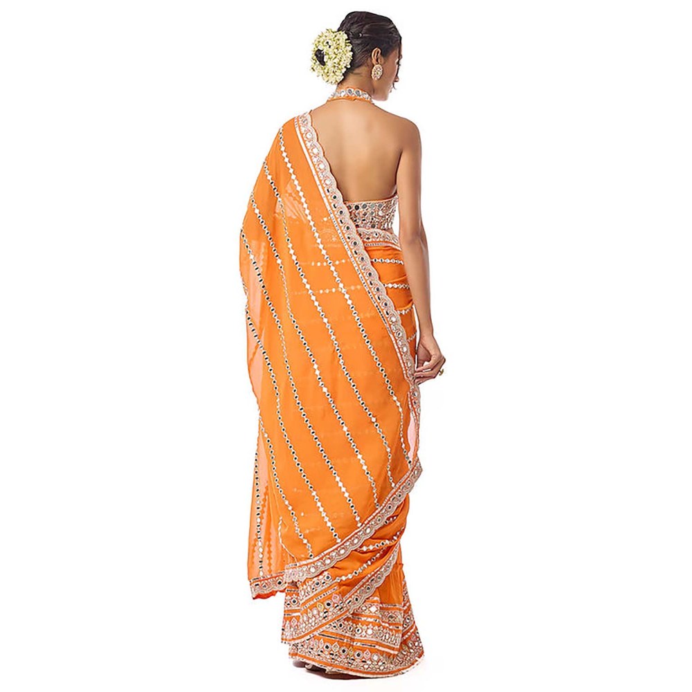 Gopi Vaid Aradhana Orange Embroidered Aree with Stitched Blouse