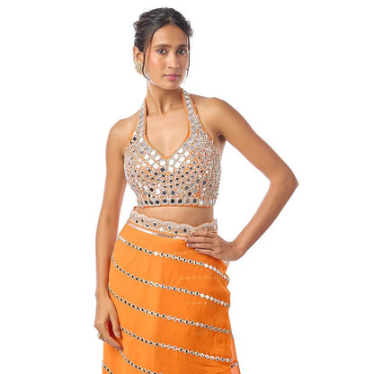 Gopi Vaid Aradhana Orange Embroidered Aree with Stitched Blouse