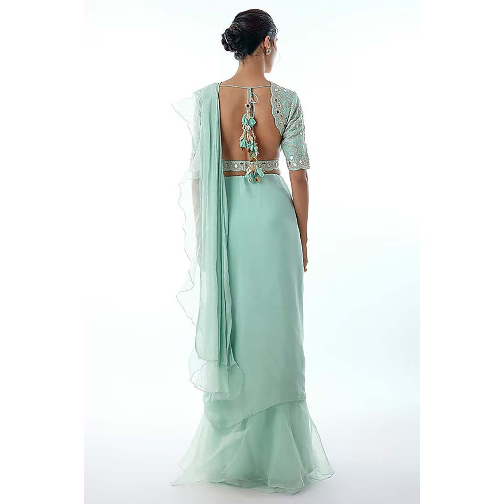 Gopi Vaid Ganika Powder Blue Mirror Embellished Saree with Stitched Blouse