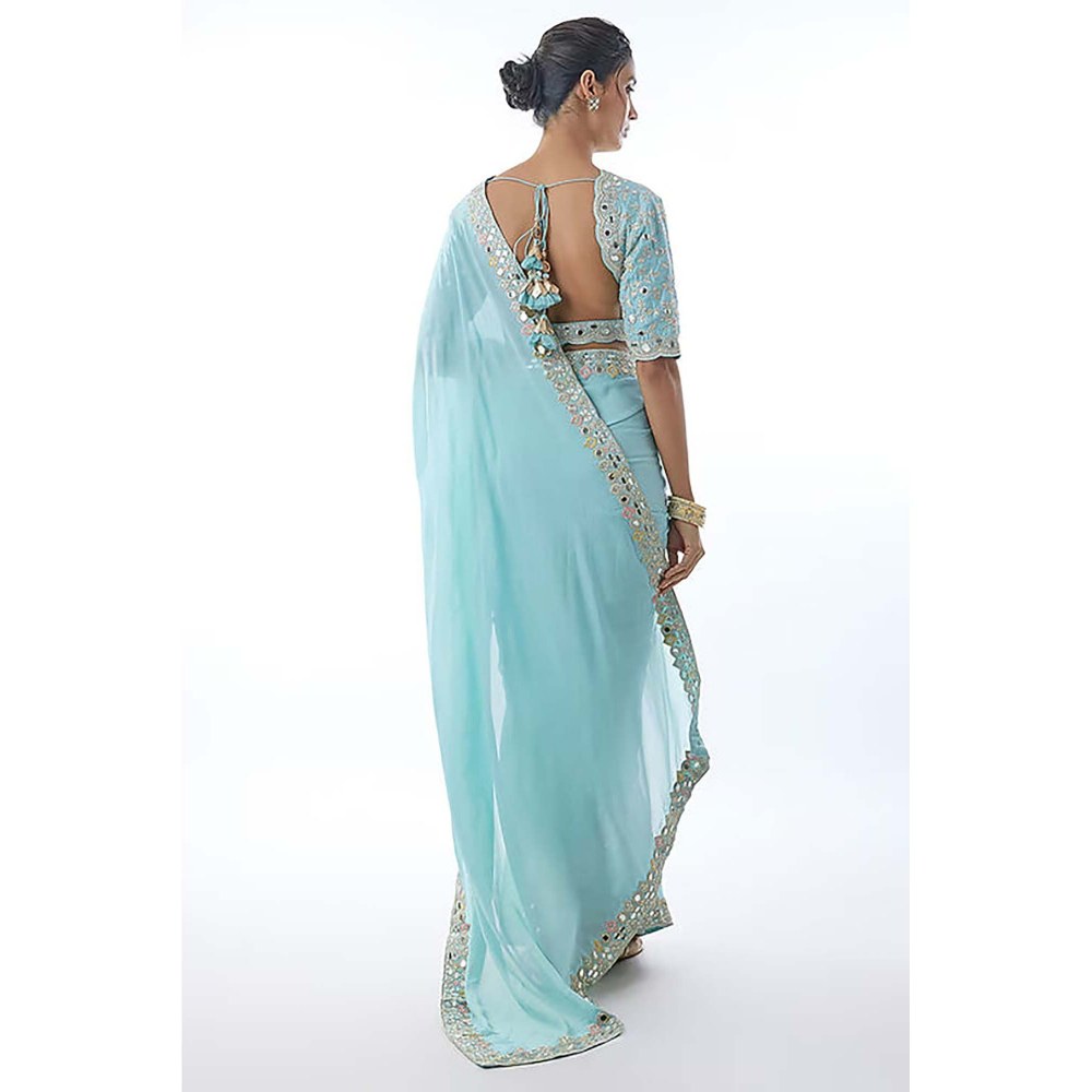 Gopi Vaid Meili Embroidered Powder Blue Saree with Stitched Blouse