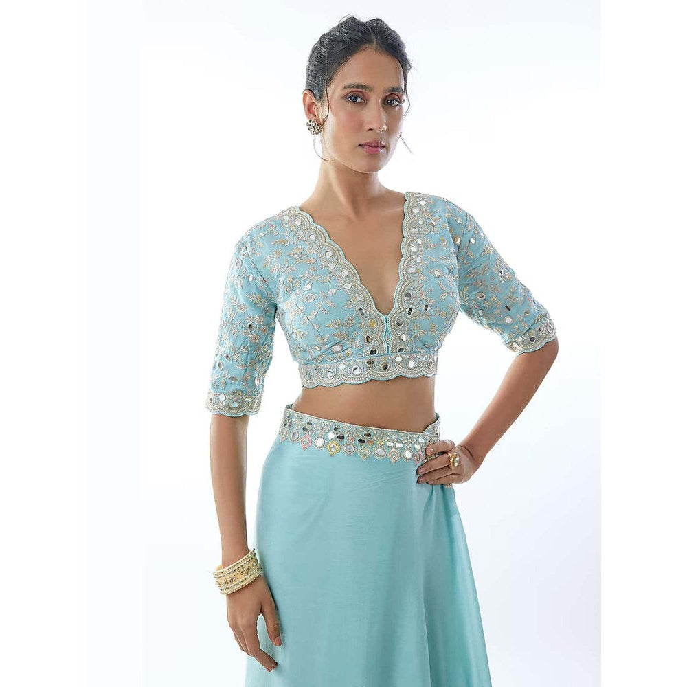 Gopi Vaid Meili Embroidered Powder Blue Saree with Stitched Blouse