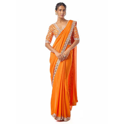 Gopi Vaid Meili Orange Embroidered Aree with Stitched Blouse